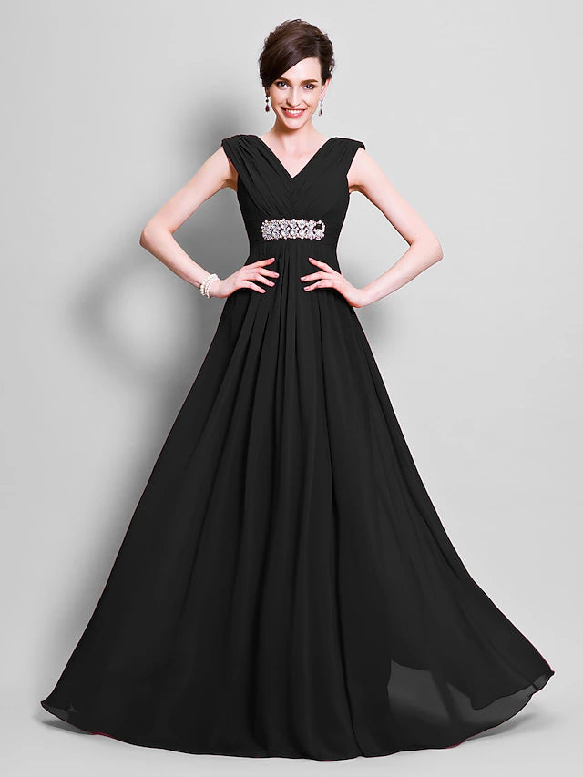 A-Line Mother of the Bride Dress Open Back V Neck Floor Length Chiffon Sleeveless with Beading Side Draping