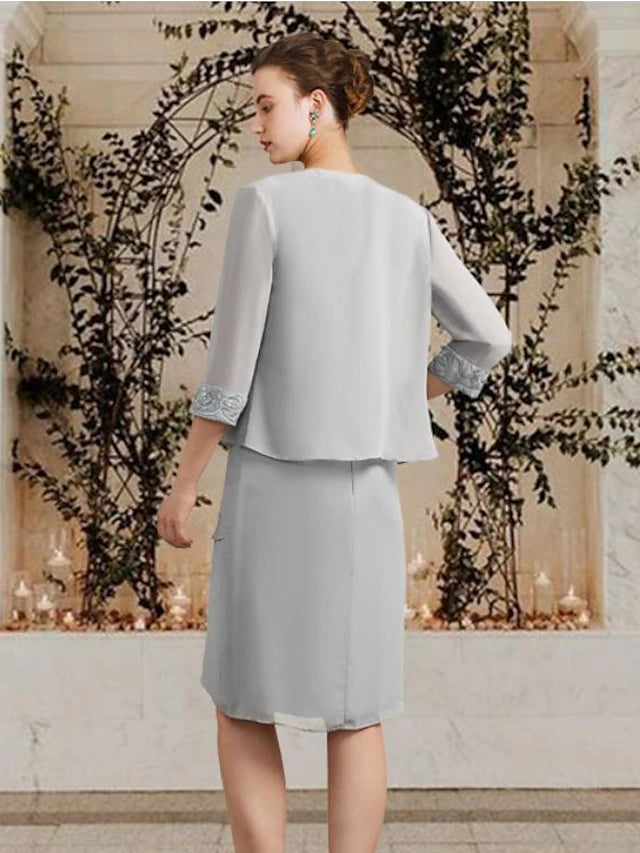 Two Piece Sheath / Column Mother of the Bride Dress Church Elegant Square Neck Jewel Neck Knee Length Chiffon Lace Sleeveless Wrap Included with Ruffles Appliques