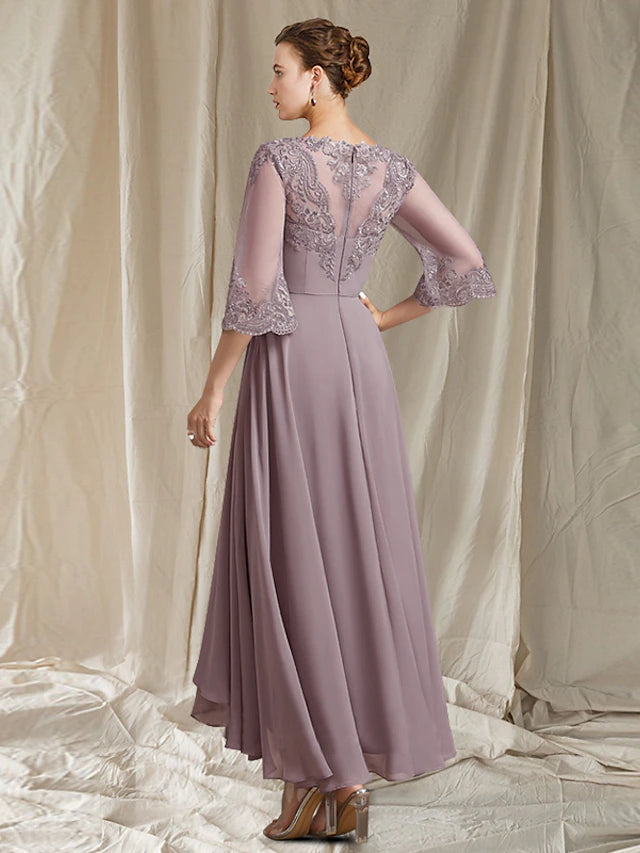 Sheath / Column Mother of the Bride Dress Elegant High Low Square Neck Asymmetrical Ankle Length Chiffon Lace 3/4 Length Sleeve with Pleats Appliques