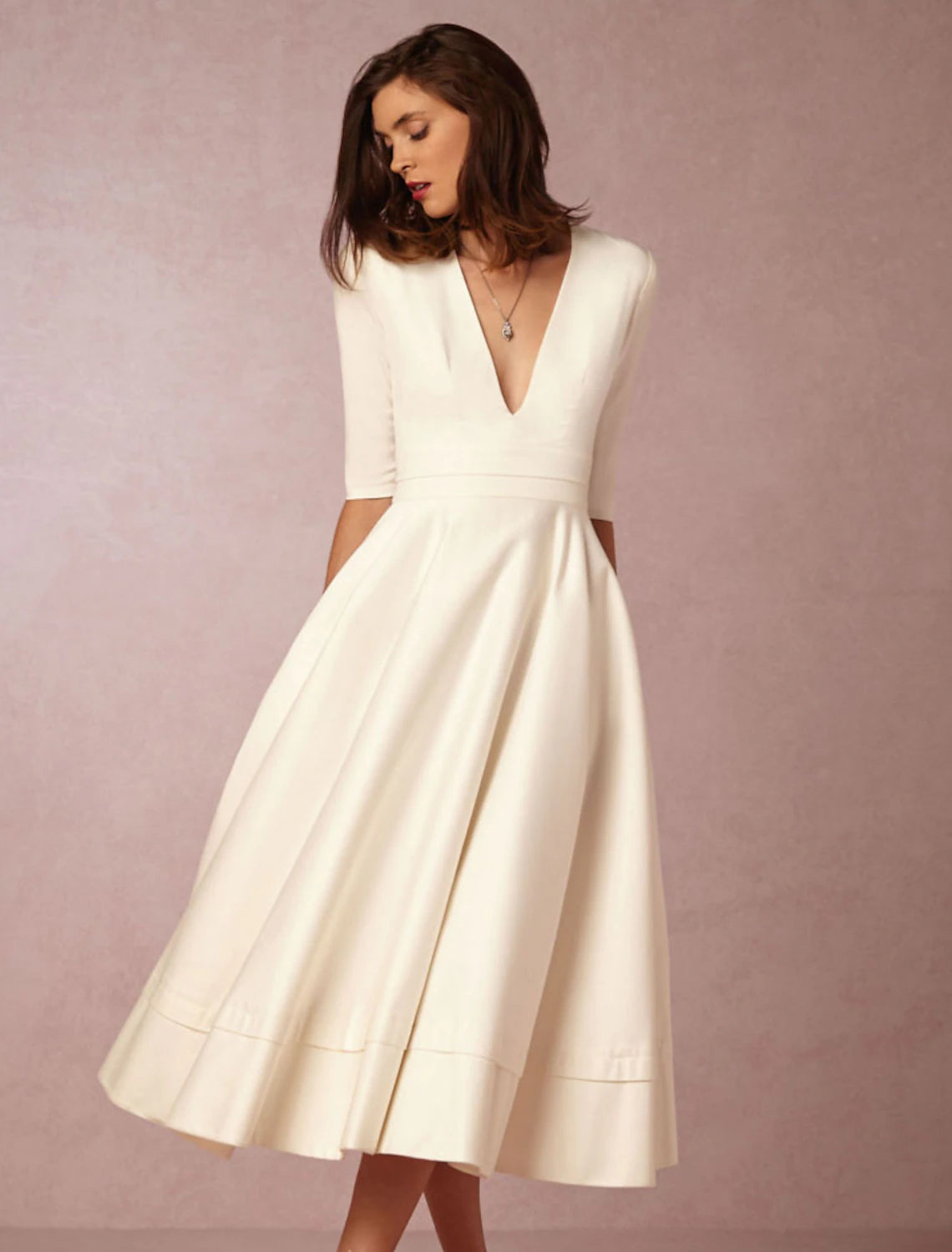 A-Line Special Occasion Dresses Party Dress Holiday Wedding Guest Tea Length Half Sleeve V Neck Pocket Jersey with Pleats  White & Ivory ship in 48 hours