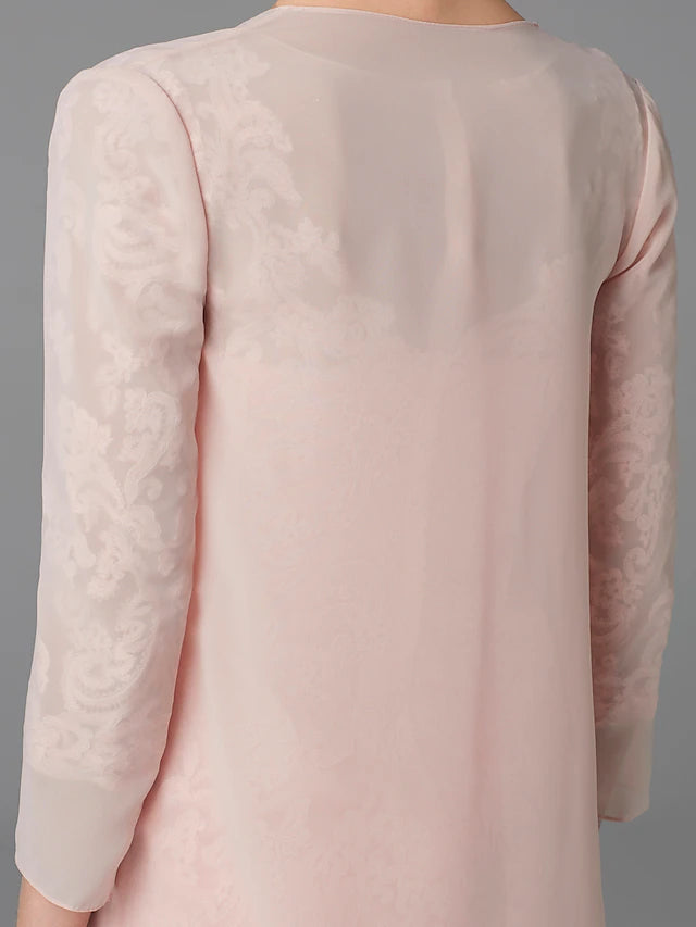 Two Piece Sheath / Column Mother of the Bride Dress Church Sparkle & Shine Jewel Neck Knee Length Chiffon Lace 3/4 Length Sleeve Jacket Dresses with Beading Appliques