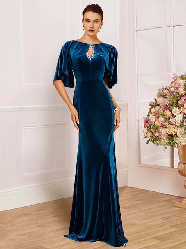 Sheath / Column Mother of the Bride Dress Wedding Guest Vintage Elegant Scoop Neck Sweep / Brush Train Velvet Half Sleeve with Lace Pleats Beading