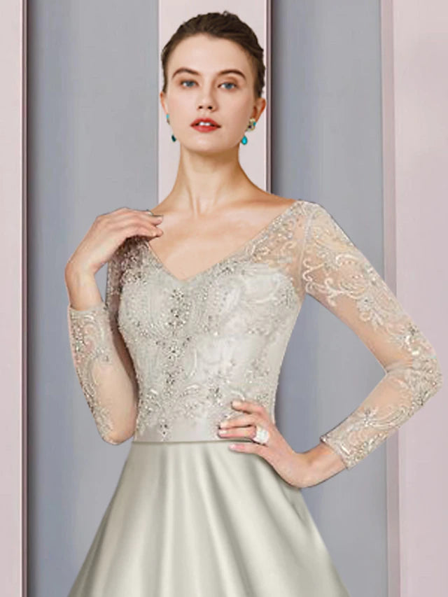 A-Line Mother of the Bride Dress Formal Church Party Elegant V Neck Tea Length Satin Lace Long Sleeve with Beading Appliques