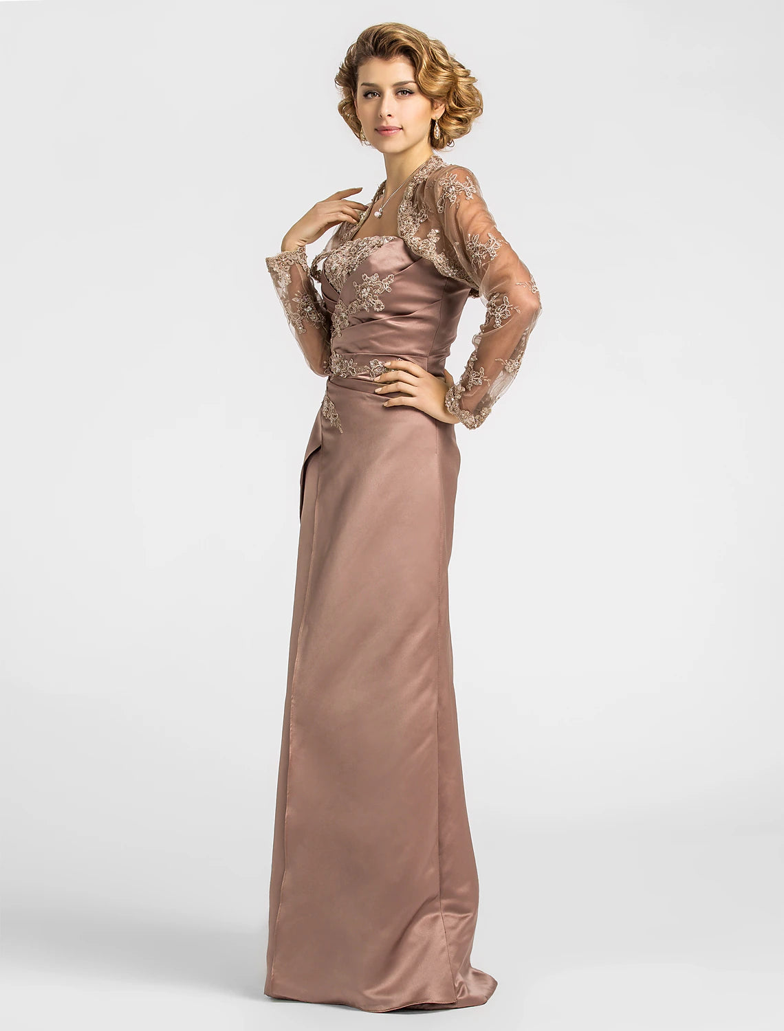 A-Line Mother of the Bride Dress Strapless Floor Length Satin Lace Sleeveless with Criss Cross Beading Appliques