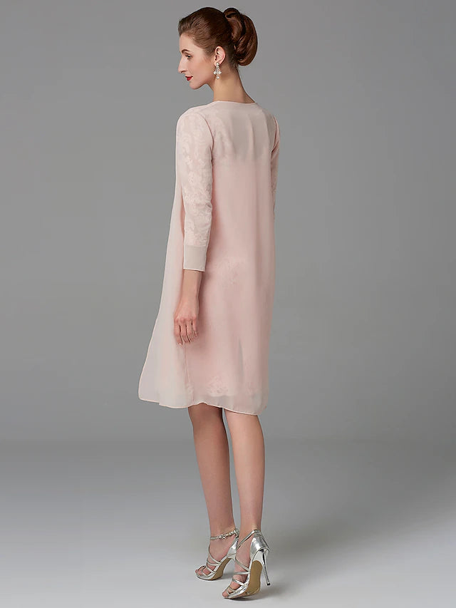 Two Piece Sheath / Column Mother of the Bride Dress Church Sparkle & Shine Jewel Neck Knee Length Chiffon Lace 3/4 Length Sleeve Jacket Dresses with Beading Appliques