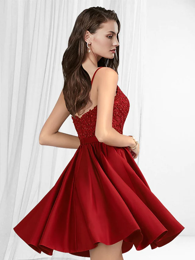 A-Line Minimalist Sexy Homecoming Party Wear Dress V Neck Spaghetti Strap Sleeveless Short  Mini Lace Satin with Pleats