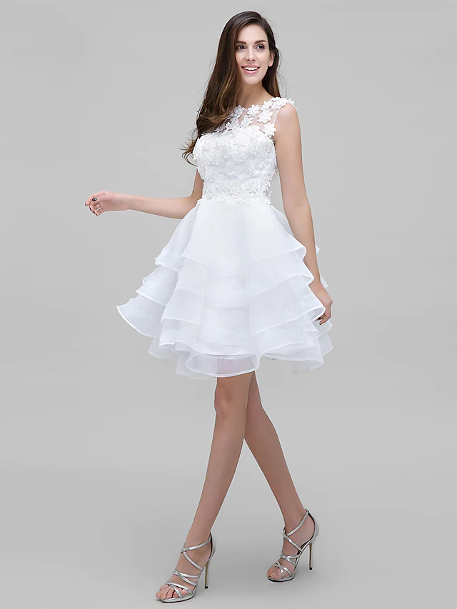 Ball Gown Holiday Homecoming Cocktail Party Dress Illusion Neck Sleeveless Knee Length Tulle Floral Lace with Flower Flounced