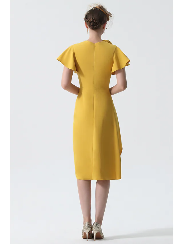 Kleid für die Brautmutter, elegant, Wasserfallausschnitt, knielang, Stretch-Satin, kurze Ärmel mit Rüschen