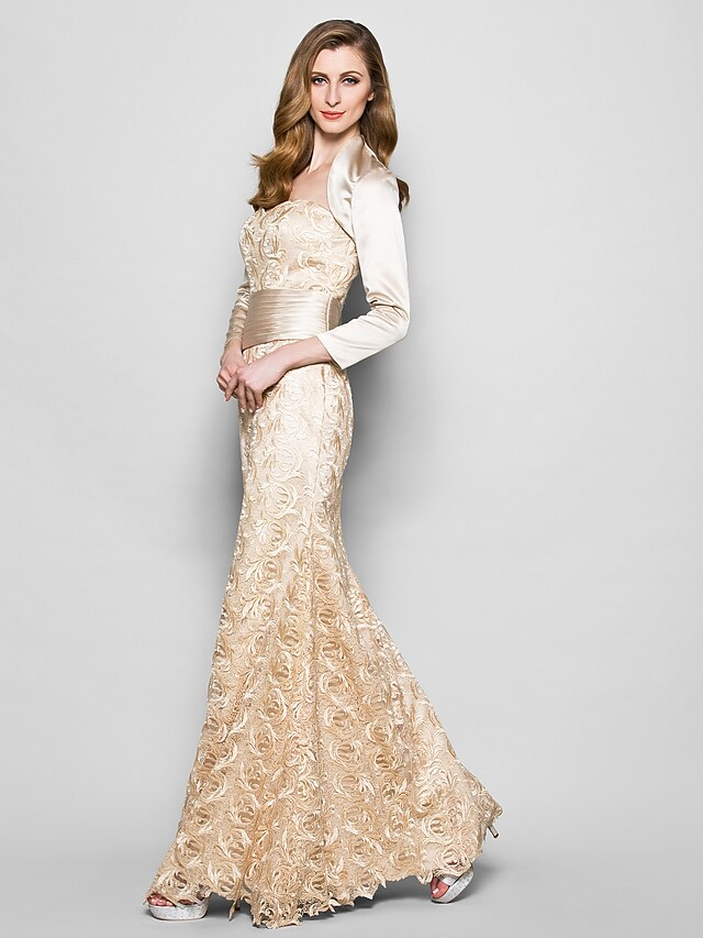 Mother of the Bride Dress Wrap Included Sweetheart Neckline Floor Length Lace Satin 3/4 Length Sleeve with Sash  Ribbon Ruched