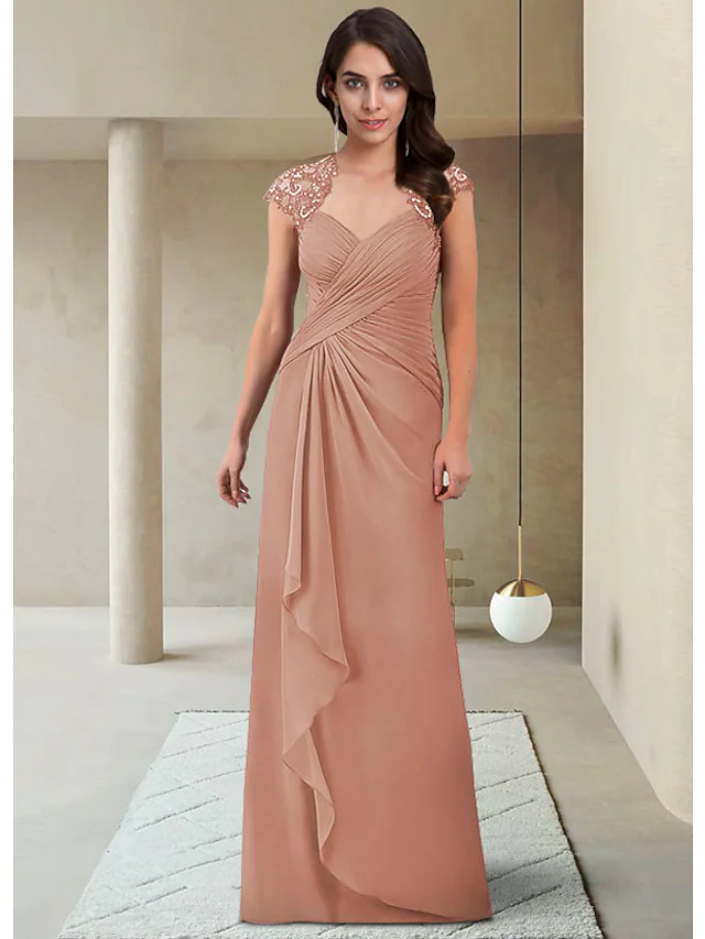 Kleid für die Brautmutter, elegant, V-Ausschnitt, bodenlang, Chiffon, kurze Ärmel, mit Rüschen