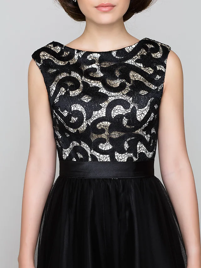 A-Line Mother of the Bride Dress Vintage Inspired Scoop Neck Floor Length Tulle Sleeveless with Pattern  Print