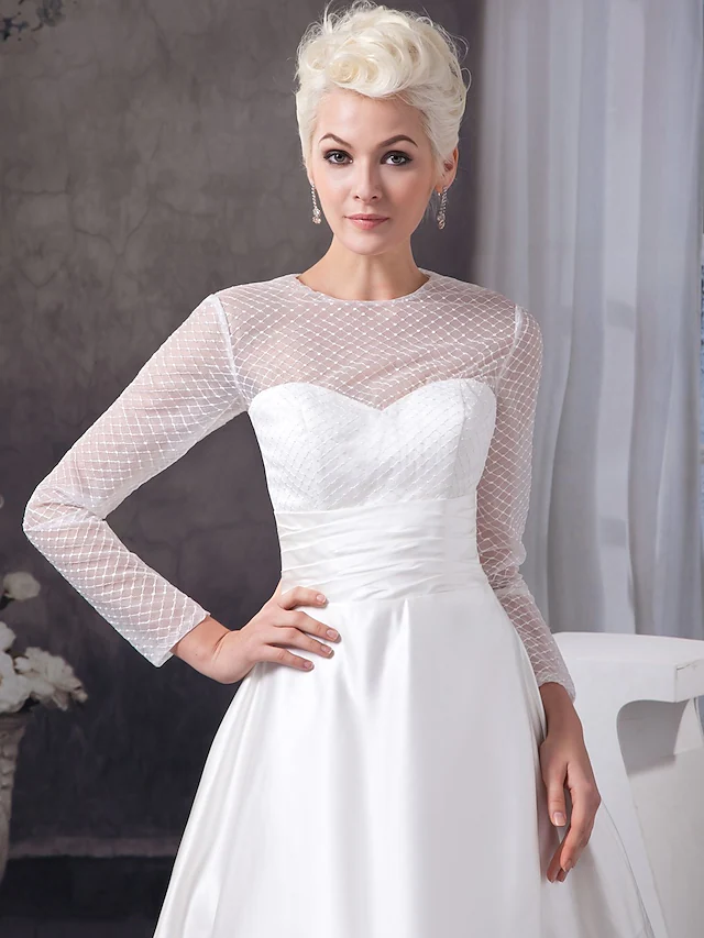 A-Line Wedding Dresses Jewel Neck Court Train Satin Tulle  Length Sleeve Illusion Sleeve with Ruched