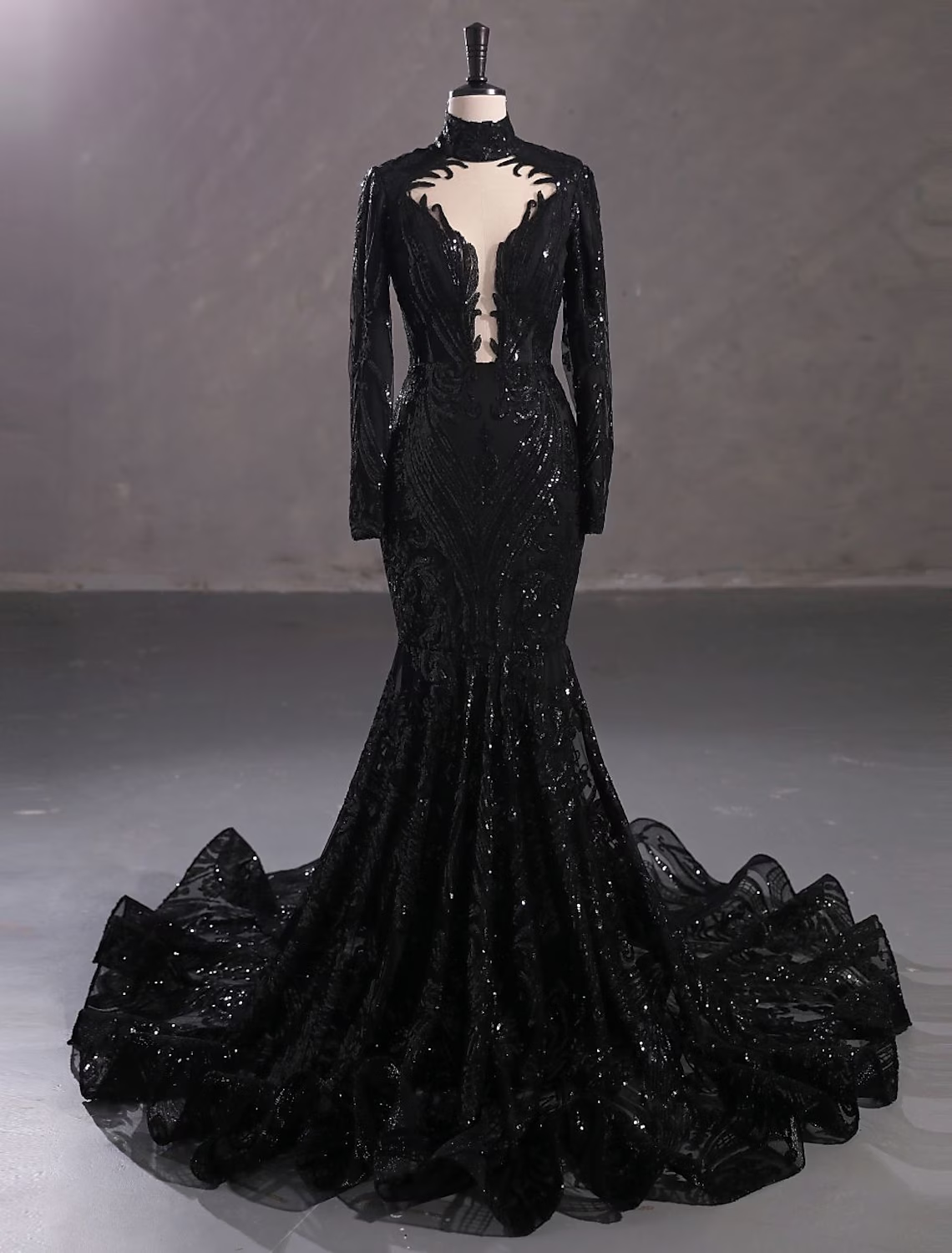 Mermaid / Trumpet Evening Gown Elegant Dress Engagement Court Train Long Sleeve Stand Collar Lace with Sequin