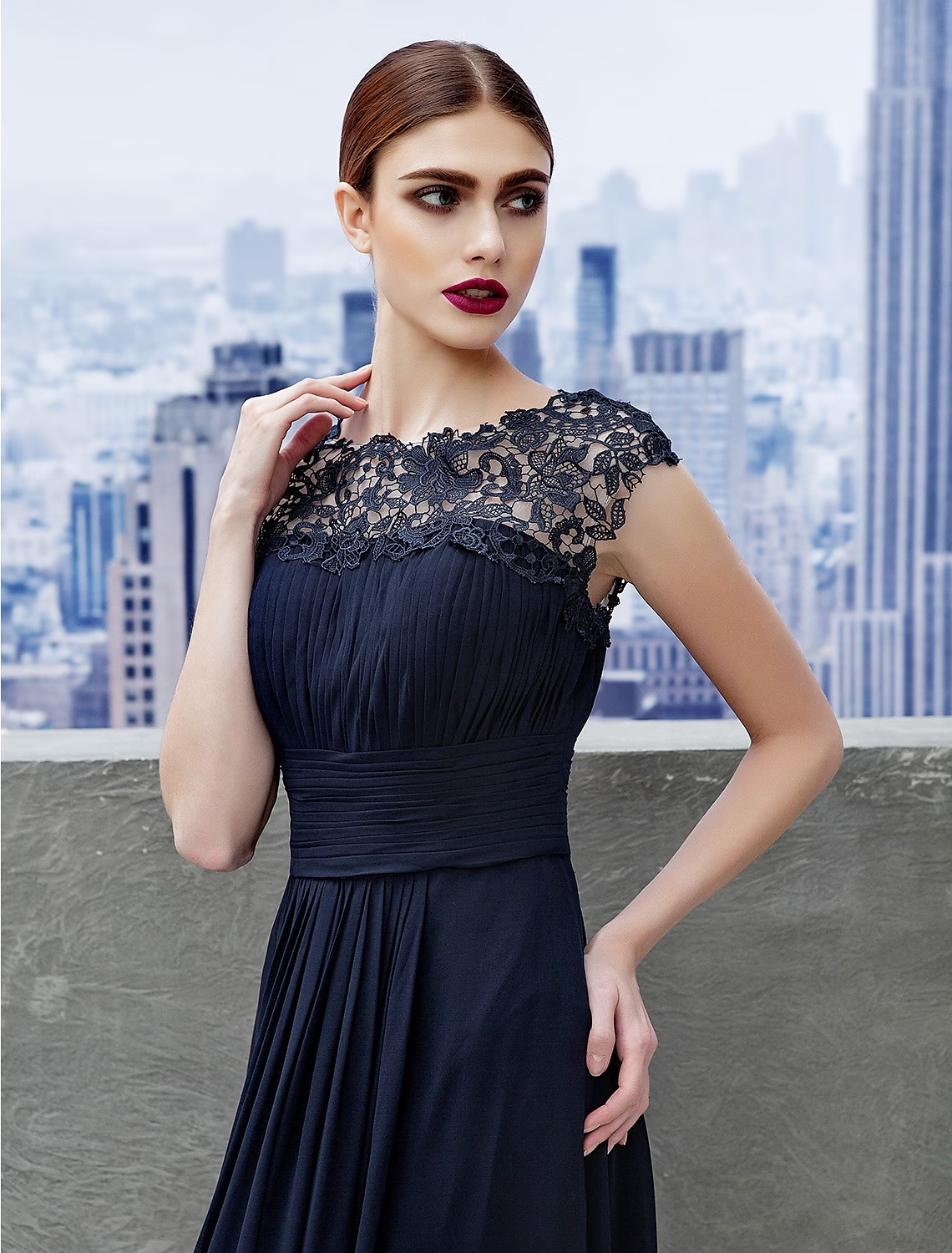 A-Line Evening Gown Empire Dress Wedding Guest Floor Length Short Sleeve Boat Neck Chiffon with Ruched Lace Insert