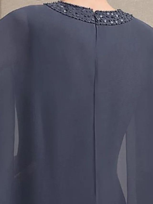 Mother of the Bride Dress Elegant Jewel Neck Knee Length Chiffon Sleeveless with Beading