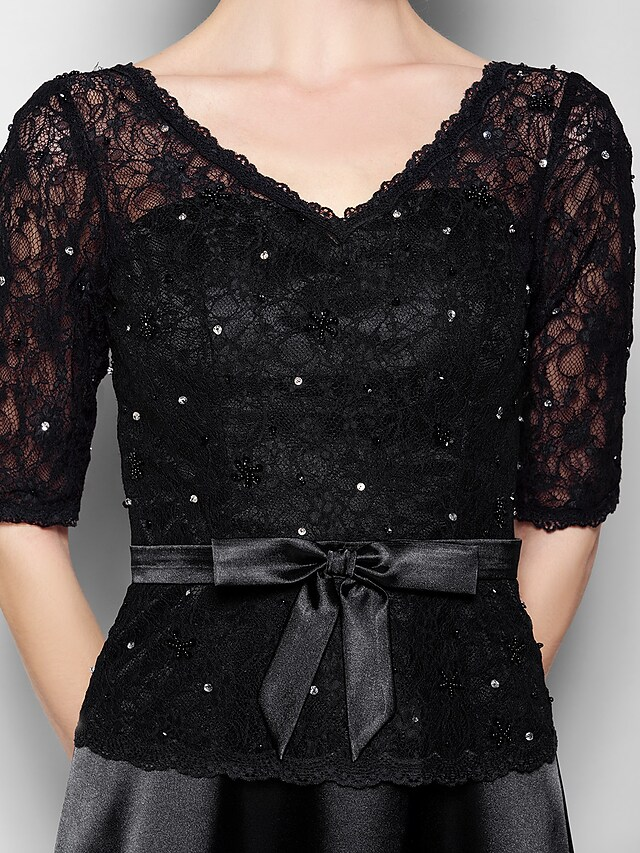 Mother of the Bride Dress Elegant V Neck Floor Length Lace Stretch Satin Half Sleeve with Lace Sash  Ribbon Bow(s)