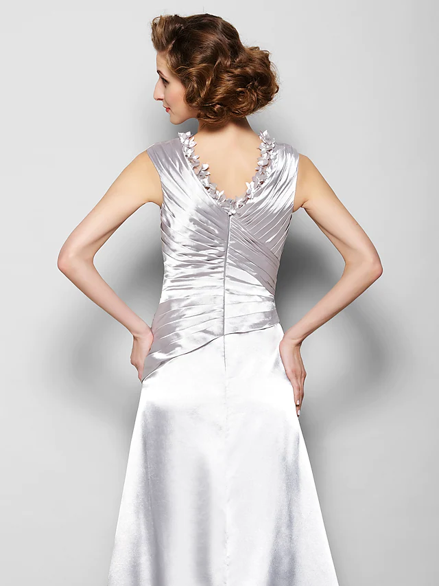 A-Line Mother of the Bride Dress V Neck  Stretch Satin Sleeveless with Criss Cross Beading Side Draping
