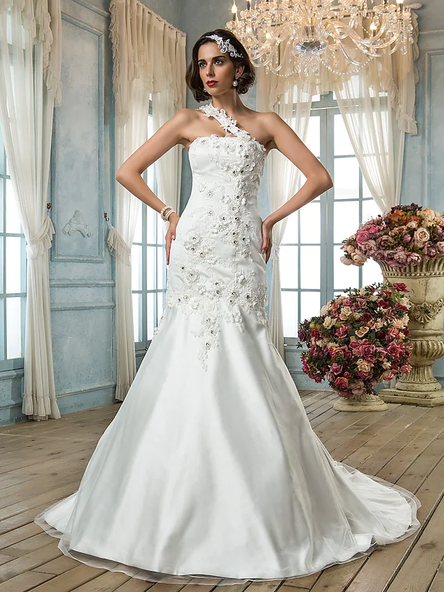 Brautkleider One-Shoulder Hofschleppe Tüll Ärmellos mit Perlen Applikationen Blume