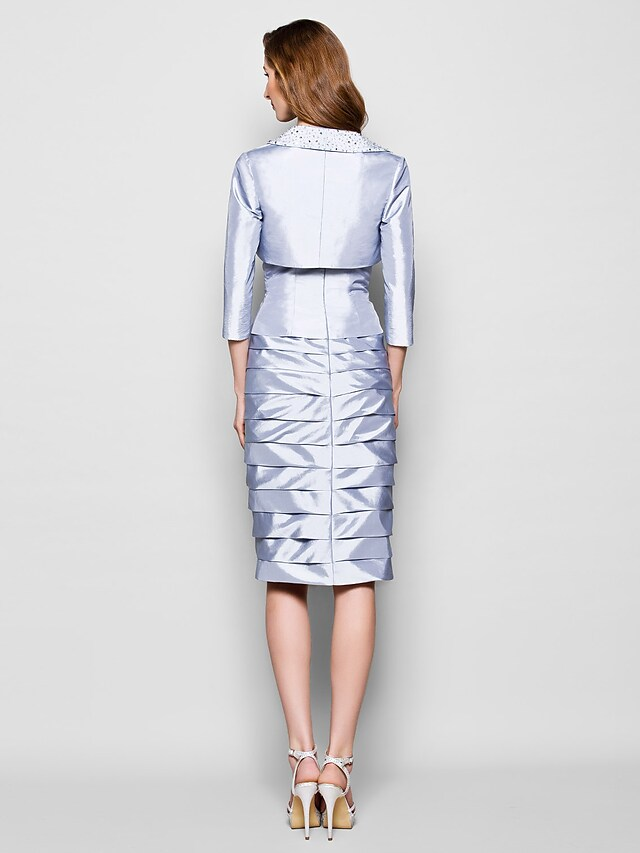 Kleid für die Brautmutter, wandelbares Kleid, trägerlos, knielang, Taftärmel mit gerüschter Perlenstickerei