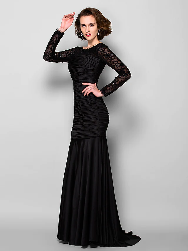 Mother of the Bride Dress Beautiful Back Jewel Neck  Lace Jersey Long Sleeve with Lace Ruched Beading