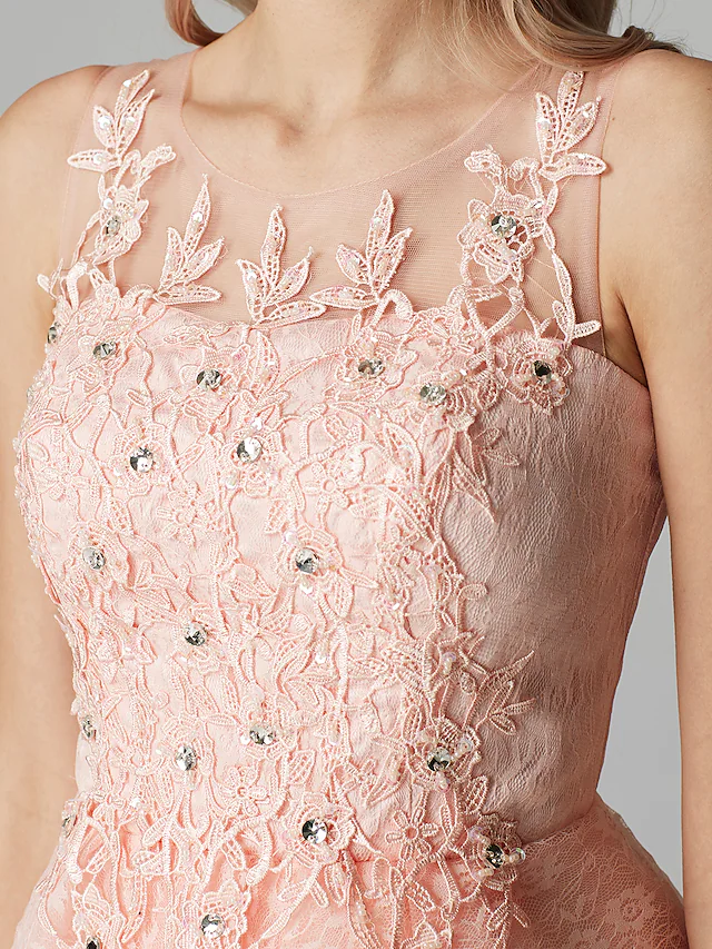 A-Line Sparkle Homecoming Cocktail Party Dress Pink Illusion Neck Sleeveless Short  Mini Tulle Floral Lace with Sequin Appliques