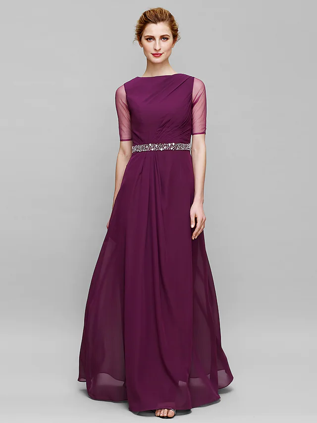 Mother of the Bride Dress Elegant Bateau Neck Floor Length Chiffon Tulle Half Sleeve with Beading