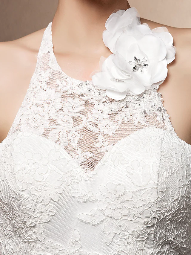 Wedding Dresses Halter Neck  Lace Regular Straps Open Back with Beading Flower Button