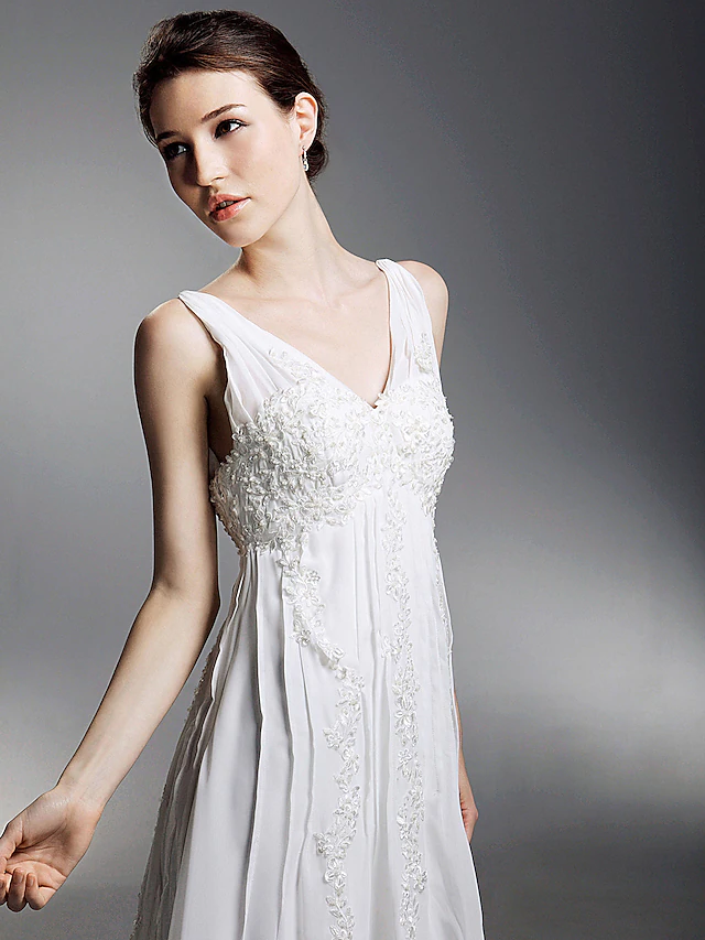 Prinzessin A-Linie Brautkleider V-Ausschnitt Kapelle-Schleppe Chiffon Ärmellos