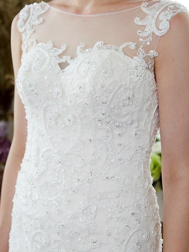 Brautkleider mit Illusionsausschnitt, Hofschleppe, ärmellos, Tüll, Glitzer und Glanz mit Perlenapplikationen