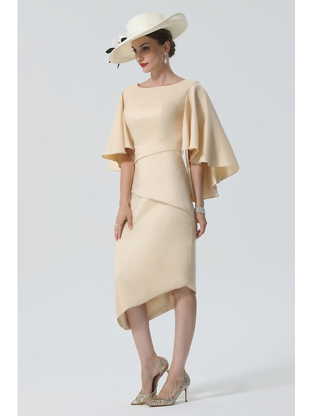 Mother of the Bride Dress Elegant Jewel Neck Knee Length Charmeuse Half Sleeve with Tier