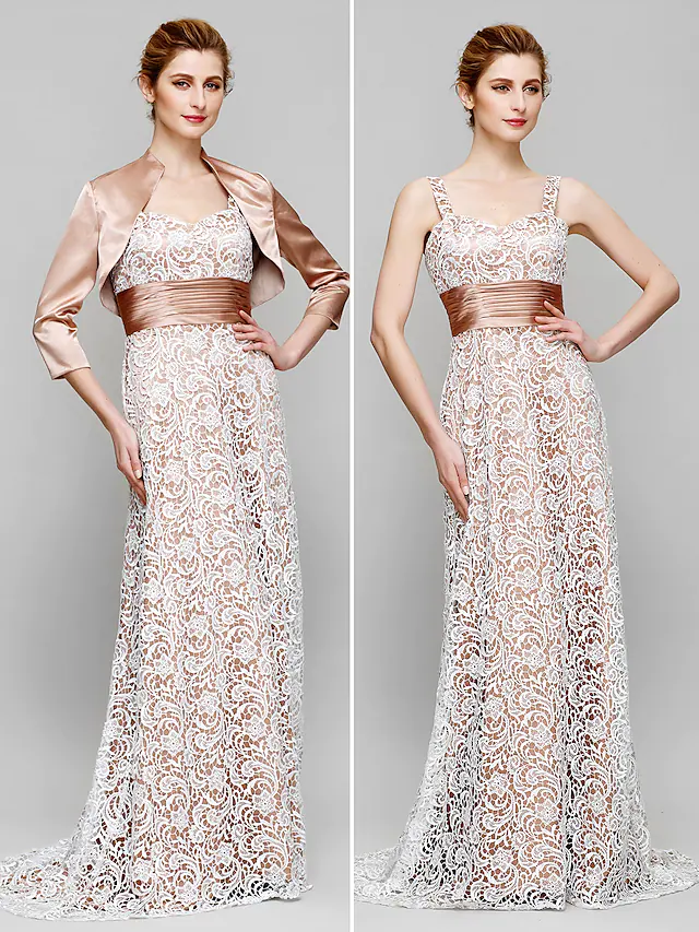 Mother of the Bride Dress Convertible Dress Straps  Lace Charmeuse  Length Sleeve with Lace Ruched