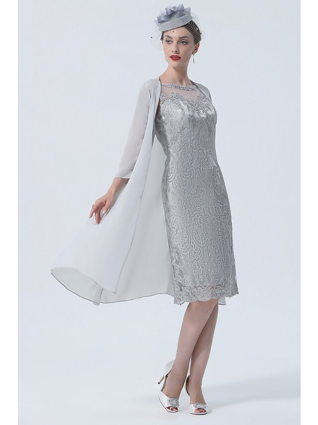 Two Piece Mother of the Bride Dress Plus Size Vintage Sexy Jewel Neck Tea Length Chiffon 3/4 Length Sleeve with Lace