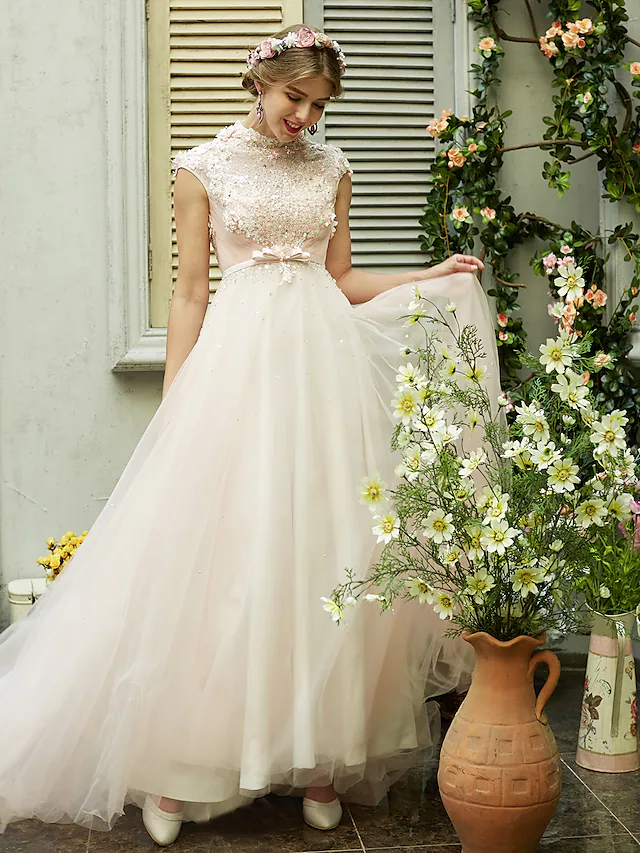 A-Line Wedding Dresses High Neck Sweep  Brush Train Tulle Short Sleeve Open Back with Bowknot Sash  Ribbon Beading