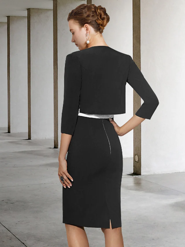 Kleid für die Brautmutter, elegant, mit Rundhalsausschnitt, knielang, Spitze, Stretchstoff, halbe Ärmel mit Applikationen