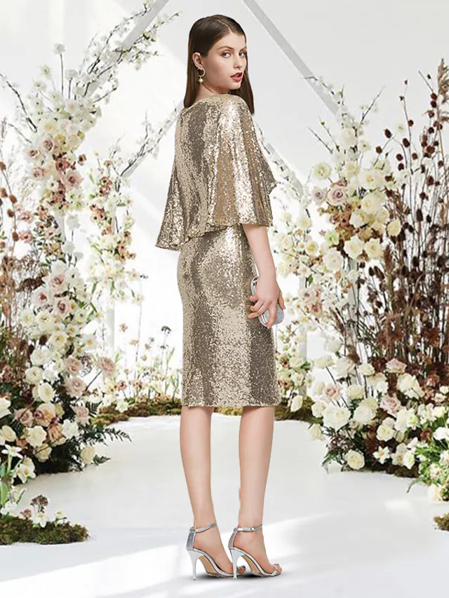 Glittering Sparkle Graduation Cocktail Party Dress V Neck Half Sleeve Knee Length Sequined with Sleek