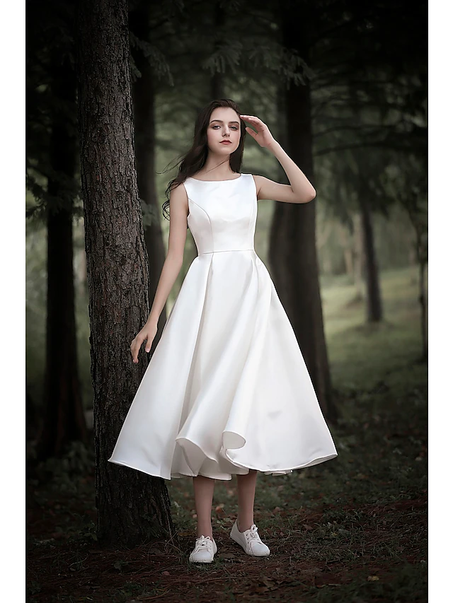 A-Line Wedding Dresses Jewel Neck Tea Length Chiffon Over Satin Cap Sleeve Simple Casual Little White Dress