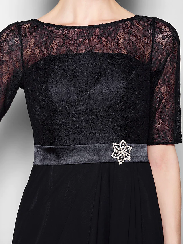 A-Line Mother of the Bride Dress Jewel Neck Floor Length Chiffon Lace Half Sleeve with Lace Sash  Ribbon Crystal Brooch