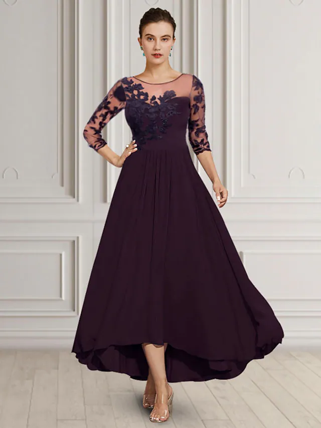 A-Line Mother of the Bride Dress Elegant Jewel Neck Asymmetrical Tea Length Chiffon Lace Length Sleeve with Appliques
