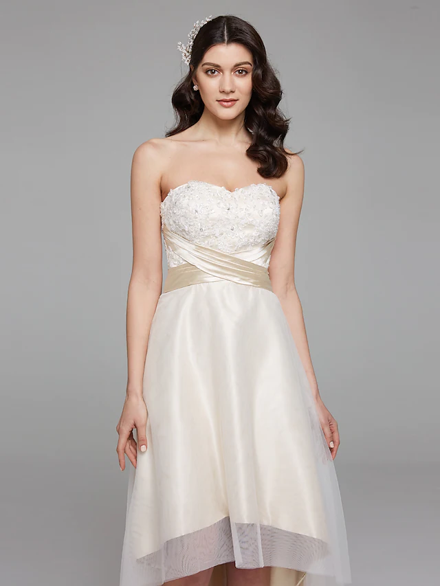 A-Line Wedding Dresses Sweetheart Neckline Asymmetrical Satin Floral Lace Strapless Simple Plus Size with Bowknot Sash  Ribbon Beading