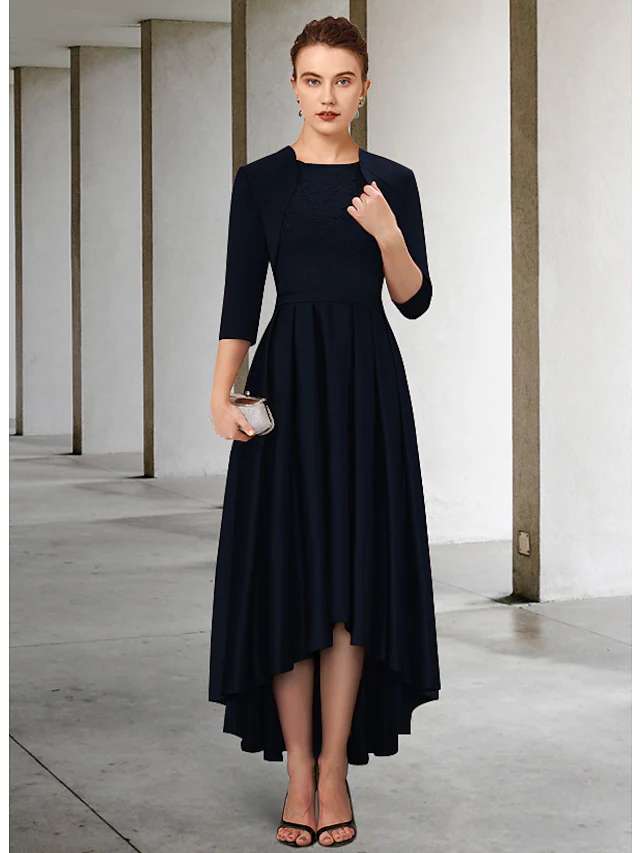 Mother of the Bride Dress Elegant Vintage Jewel Neck Asymmetrical Lace Charmeuse 3/4 Length Sleeve with Sash  Ribbon Pleats