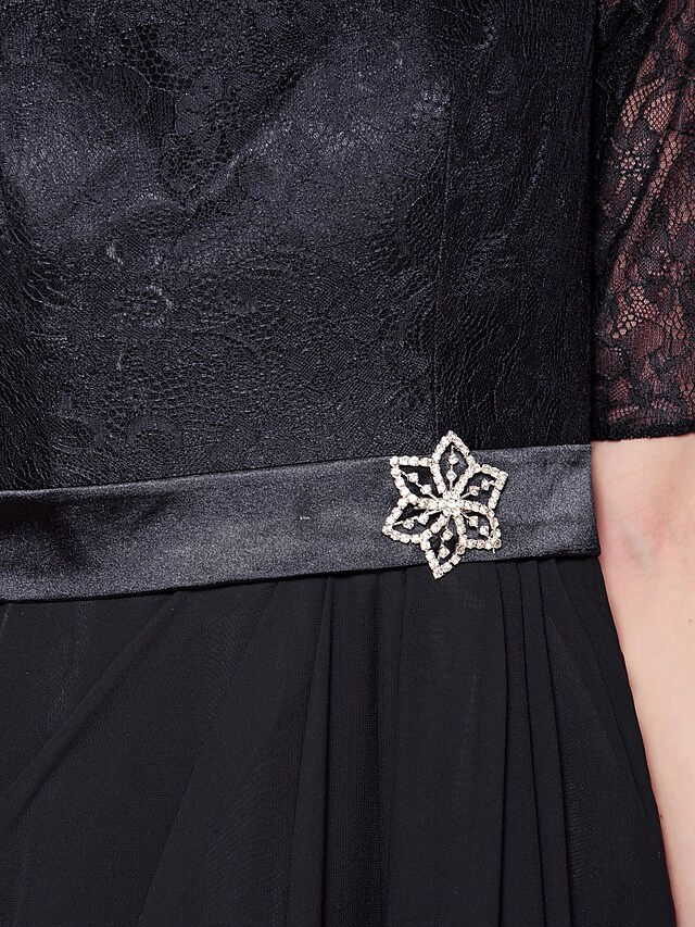 A-Line Mother of the Bride Dress Jewel Neck Floor Length Chiffon Lace Half Sleeve with Lace Sash  Ribbon Crystal Brooch