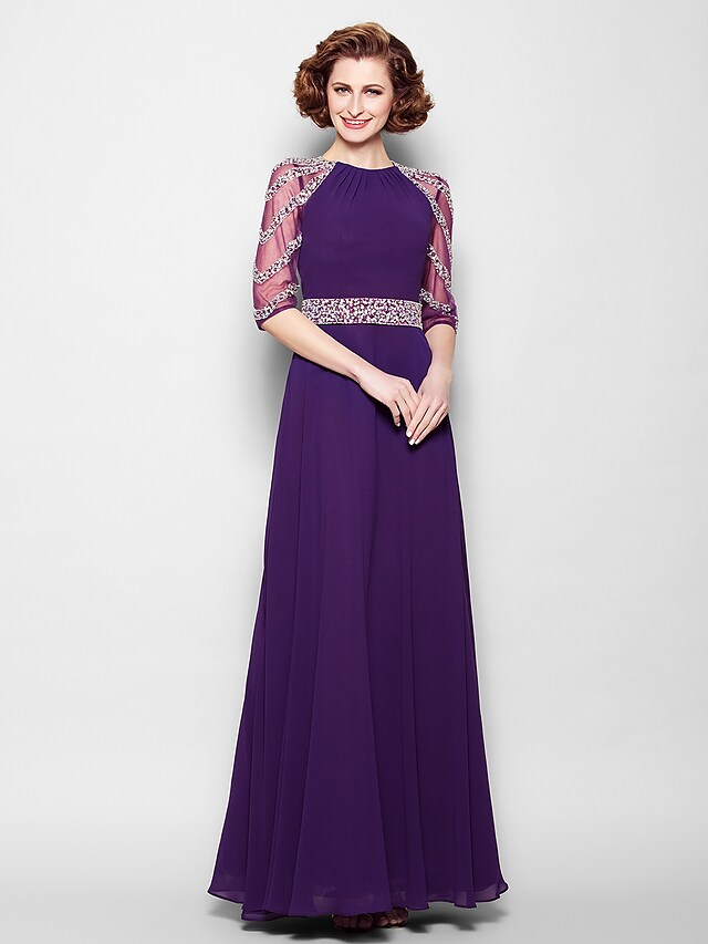 A-Line Mother of the Bride Dress See Through Jewel Neck Floor Length Tulle Georgette Half Sleeve with Sash  Ribbon Crystals Beading