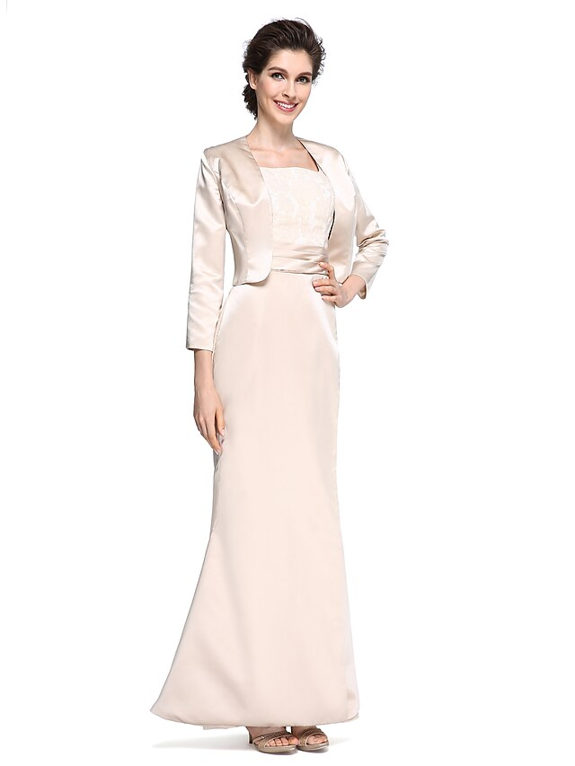 Mother of the Bride Dress Elegant Square Neck Ankle Length Satin  Length Sleeve with Lace Ruched