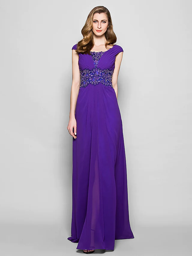 A-Line Mother of the Bride Dress Furcal Scoop Neck  Satin Georgette Sleeveless with Crystals Beading Appliques