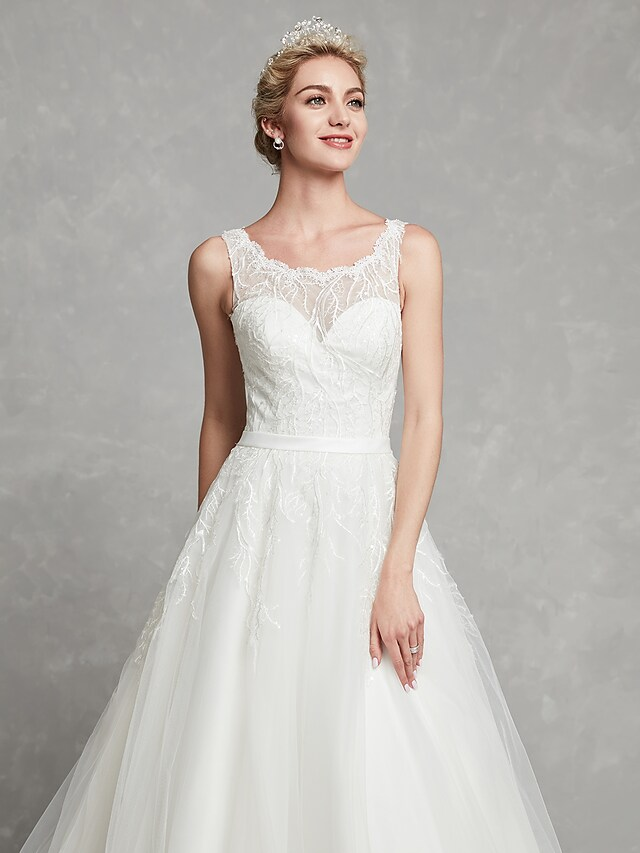 A-Line Wedding Dresses Scoop Neck Chapel Train Lace Tulle Regular Straps Formal Illusion Detail with Lace Sash  Ribbon