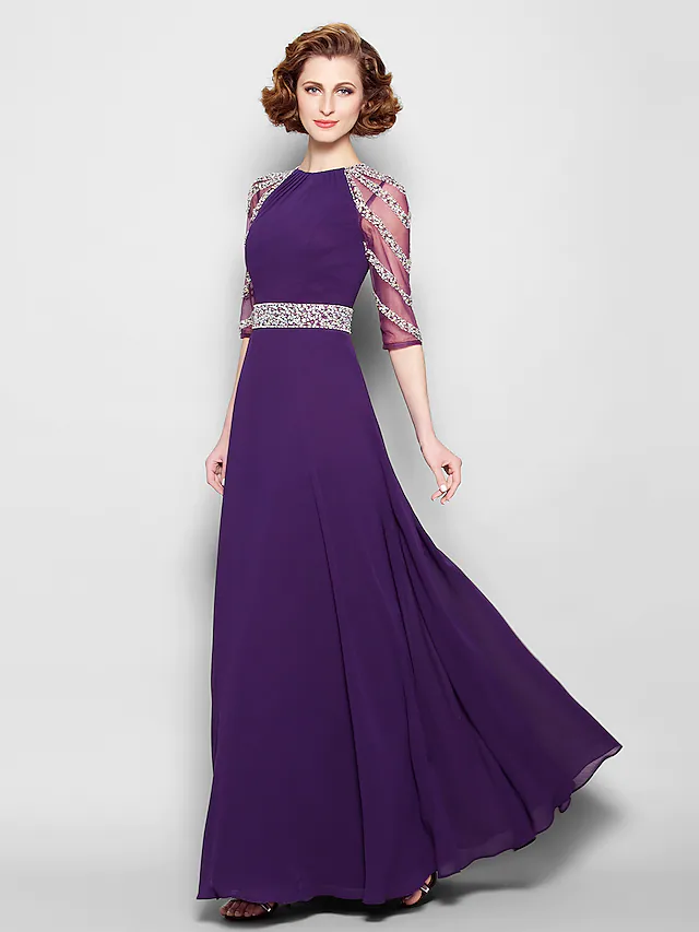 A-Line Mother of the Bride Dress See Through Jewel Neck Floor Length Tulle Georgette Half Sleeve with Sash  Ribbon Crystals Beading