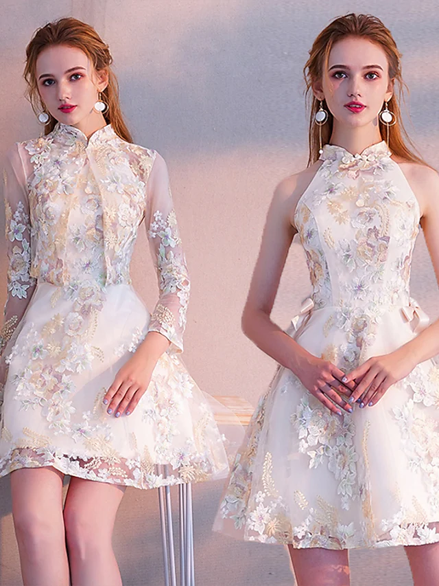 Two Piece A-Line Vintage Floral Party Wear Cocktail Party Dress High Neck Long Sleeve Short  Mini Tulle with Sash  Ribbon Embroidery