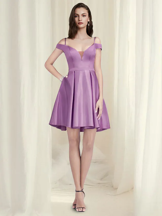 A-Line Reformation Amante Minimalist Homecoming Party Wear Dress Off Shoulder Sleeveless Short  Mini Satin with Pleats