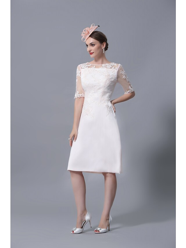 Mother of the Bride Dress Plus Size Elegant Jewel Neck Knee Length Polyester Short Sleeve with Lace