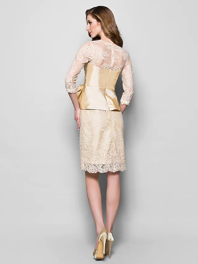 Kleid für die Brautmutter, Vintage-inspiriert, Rundhalsausschnitt, knielang, Spitze, Taft, 3/4-Ärmel mit Schleife(n), seitliche Drapierung